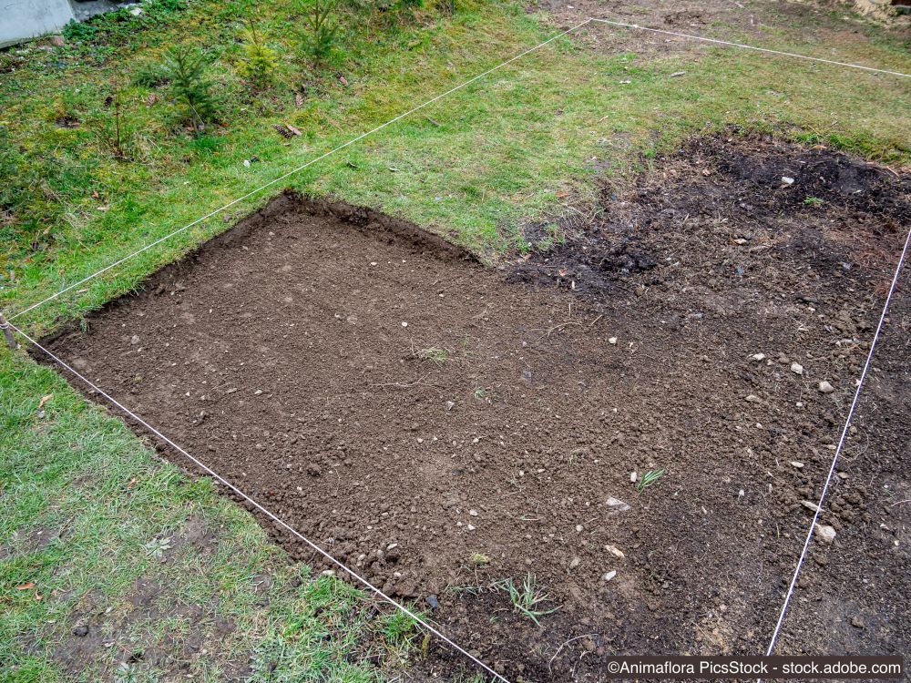 Grasnarbe wird im Garten mit einem Spaten entfernt