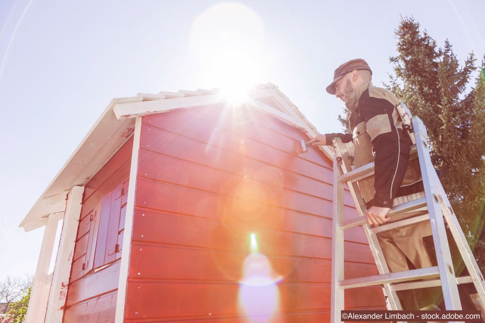 Maler streicht ein Gartenhaus auf einer Leiter