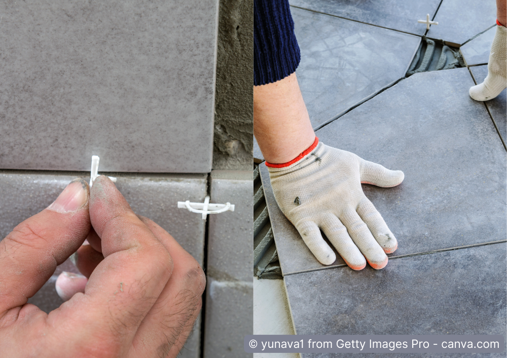 Fliesenleger setzt Fliesen in das Kleberbett