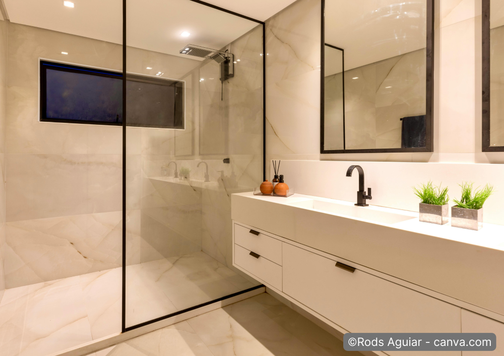 Badezimmer mit modernen sandfarbenen Fliesen