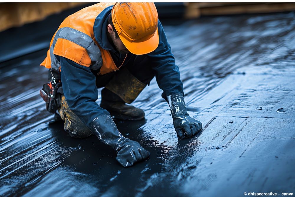 Einbetten von Armierungsvlies in flüssige Abdichtung auf einer Terrasse