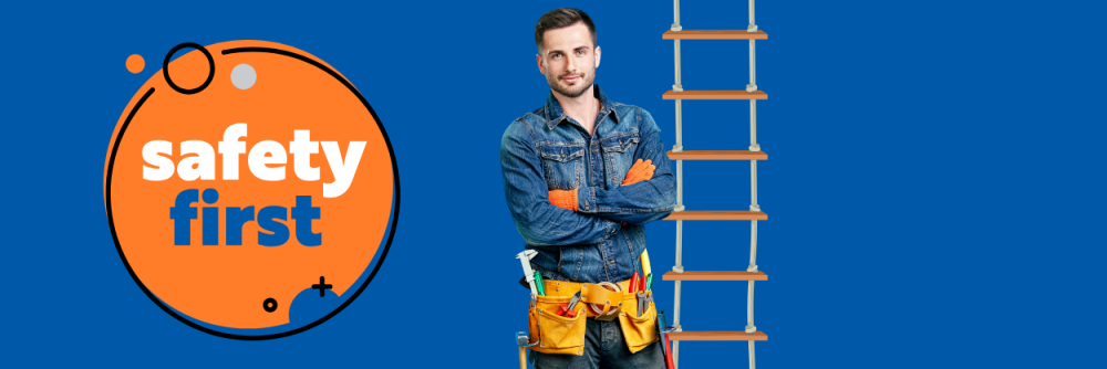 Grafik mit dem Schriftzug „Safety first“ neben einem Handwerker mit Werkzeugtasche und angedeuteter Seilleiter.