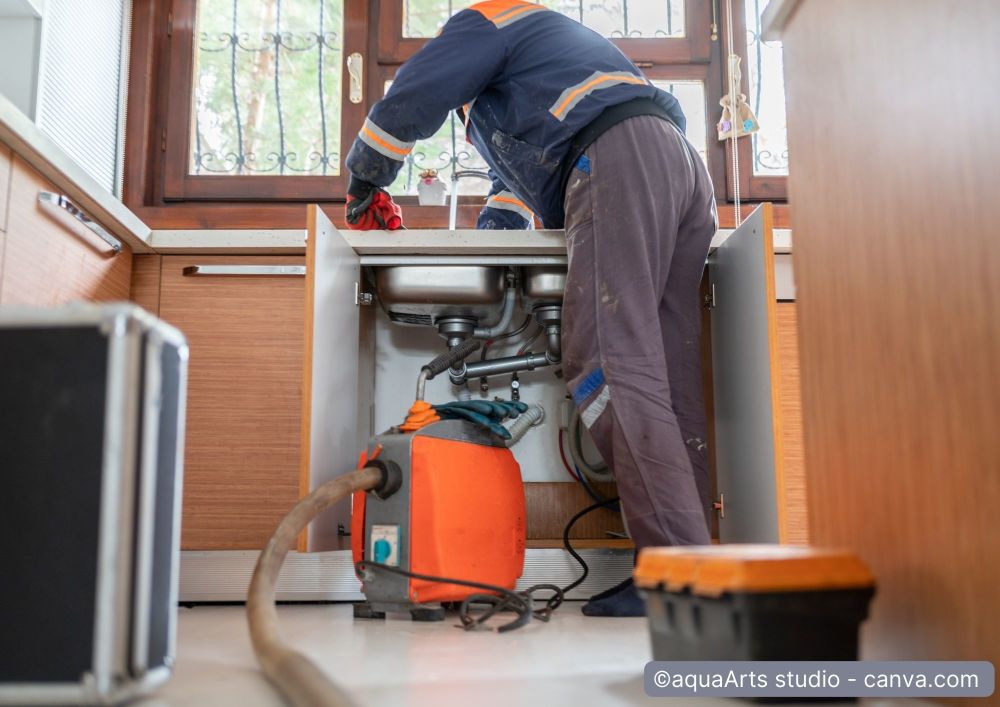 Handwerker entstopft Kuechenabfluss mit Druckluftreiniger