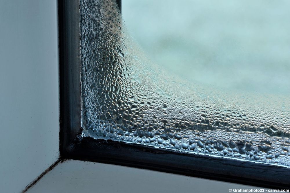Kondenswasser am Rand der Fensterscheibe im unteren Bereich des Fensterrahmens.