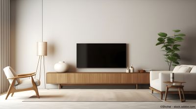 Modernes, helles Wohnzimmer mit hängendem Flachbildfernseher