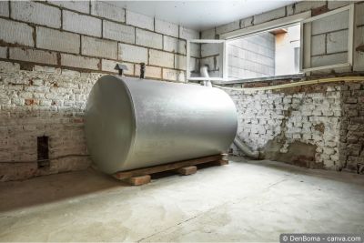Grosser Heizöltank in einem Kellerraum vor der Demontage