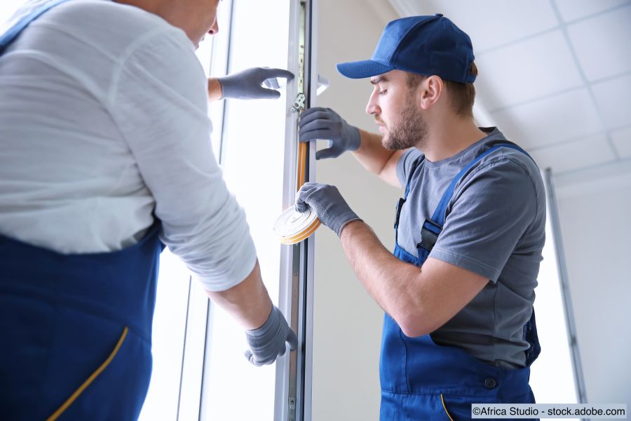 Handwerker dichten ein Fenster ab