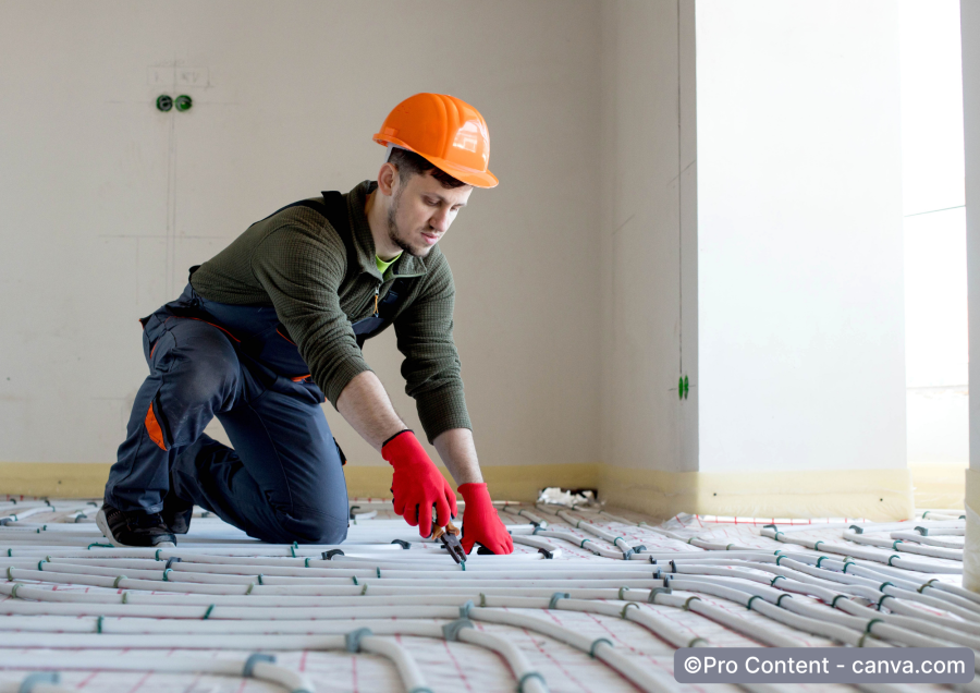 Handwerker verlegt Bodenheizung