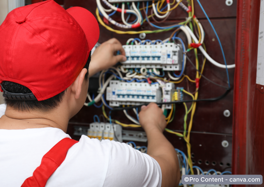 Elektriker arbeitet am elektrischen Schaltkasten