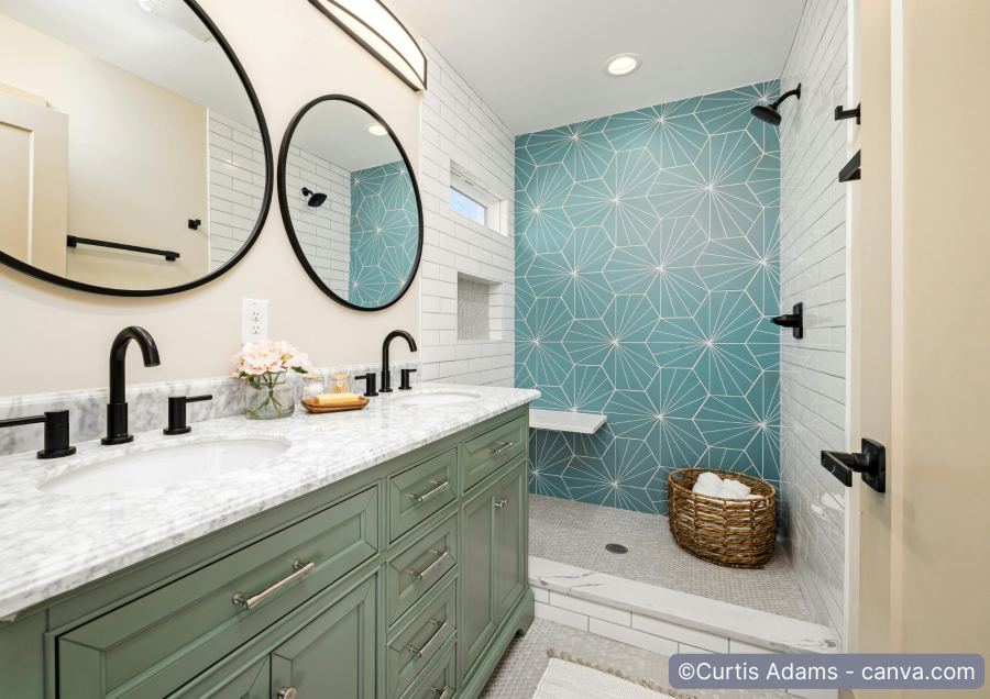 modernes Badezimmer mit sanften Gruentoenen