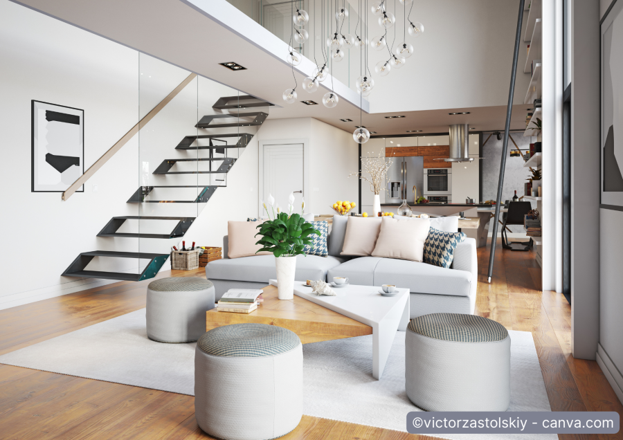 moderne offene Metall-Glastreppe im Wohnzimmer