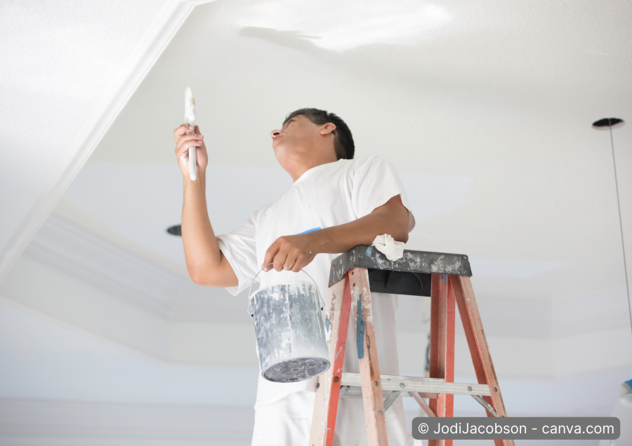 Maler streicht Decke vor