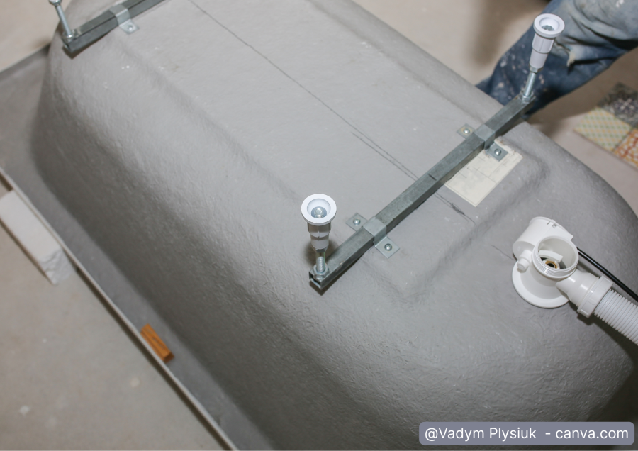 Wannenfuesse werden auf Badewanne befestigt