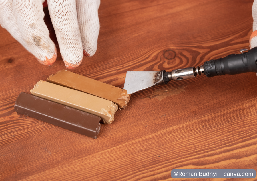 Kratzer auf Parkettboden wird mit Wachs repariert