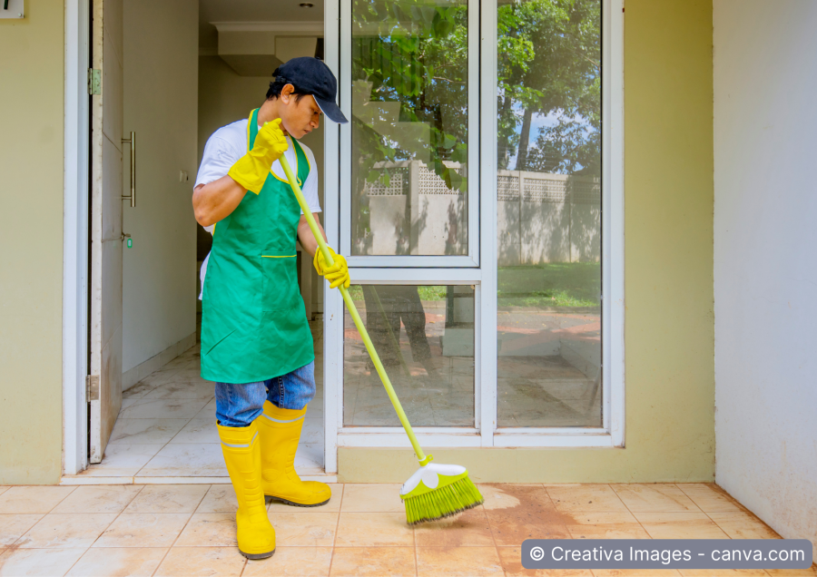 Μann fegt Τerrasse