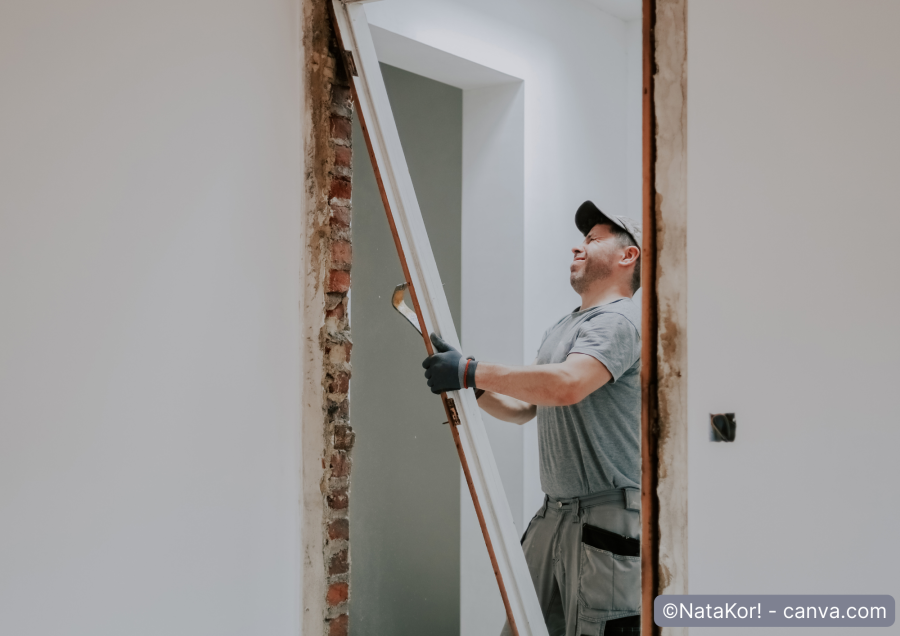 Mann baut mit Brecheisen Zimmertür aus