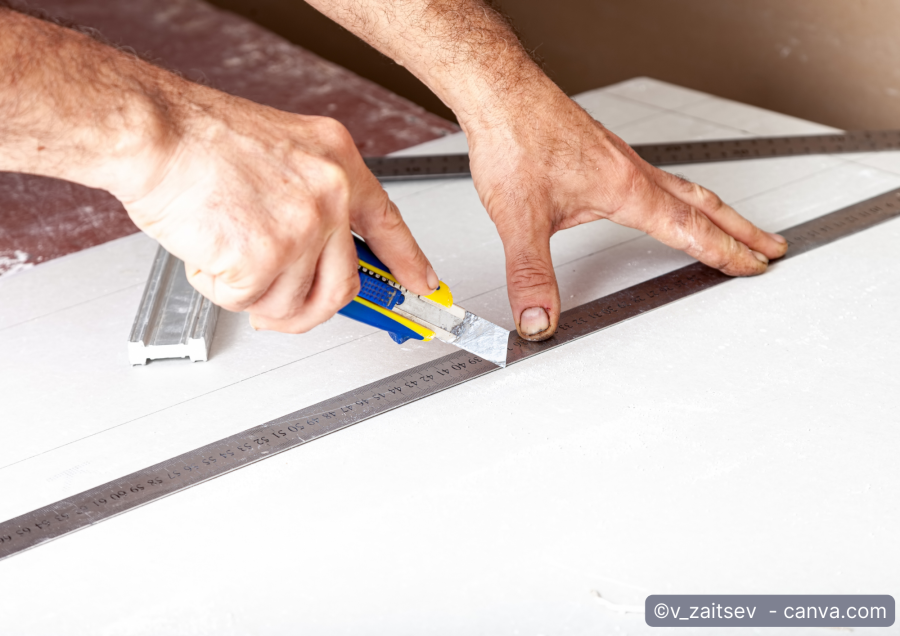 Mann schneidet Gipskartonplatte mit Cuttermesser und Lineal
