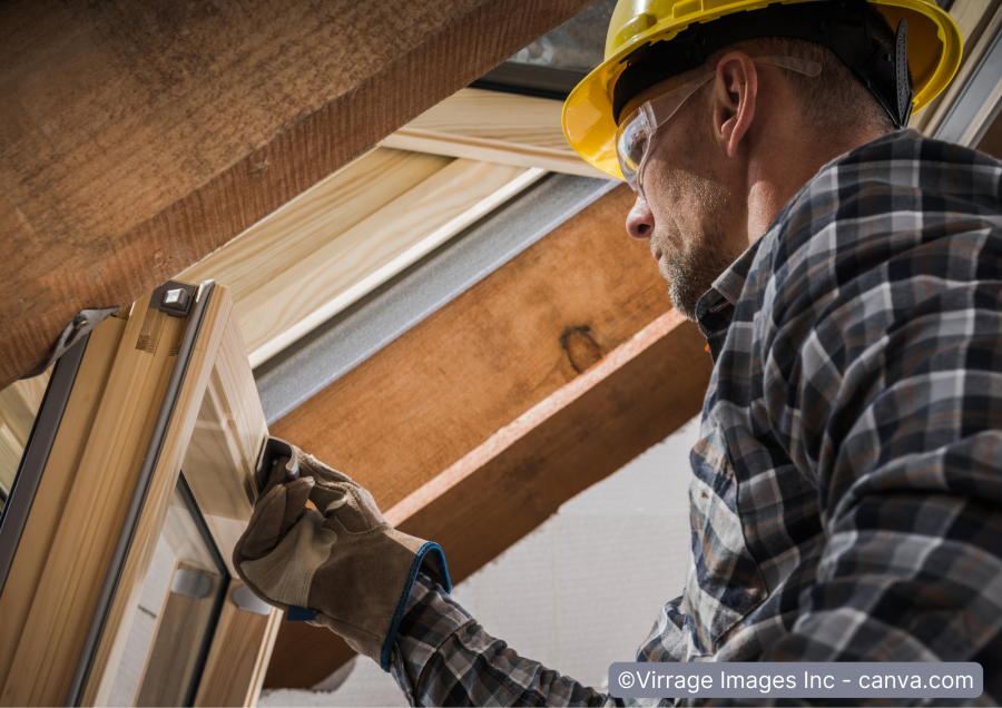 Handwerker vor ausgebautem Dachfensterfluegel