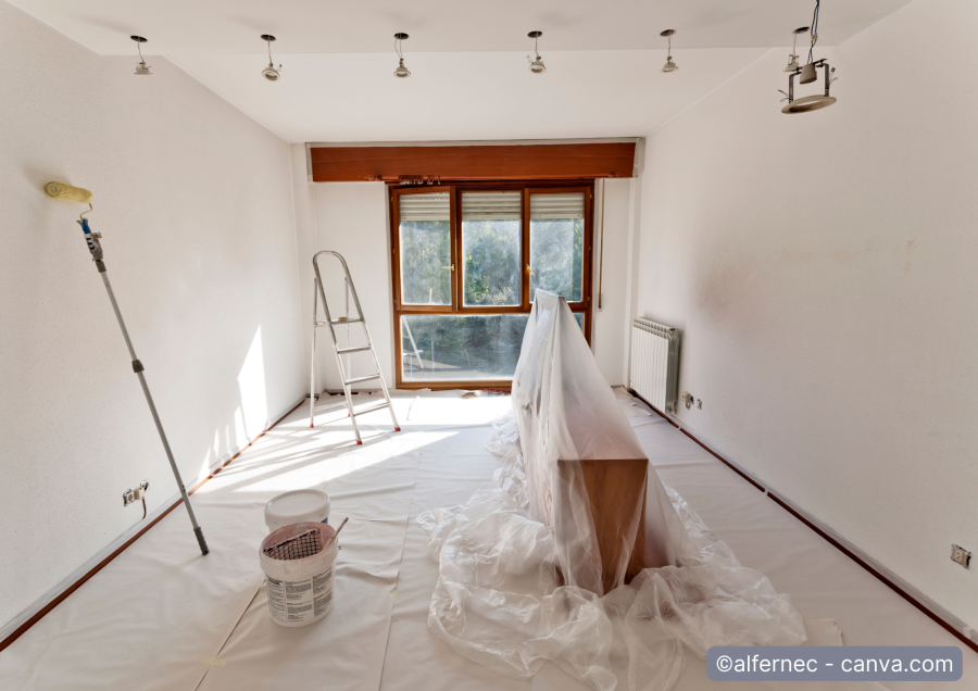 Raum mit abgedecktem Boden und abgedeckten Möbeln