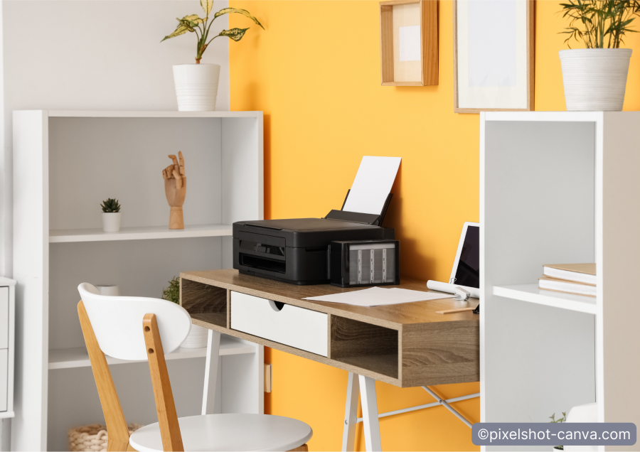 Homeoffice mit farbiger Akzentwand