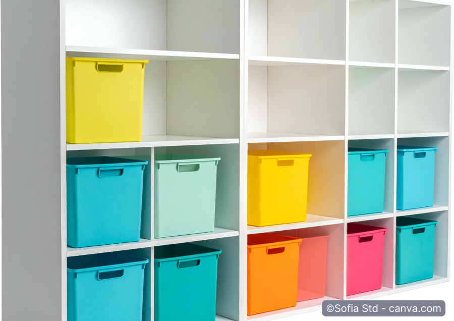 Farbige Aufbewahrungsboxen im Buero