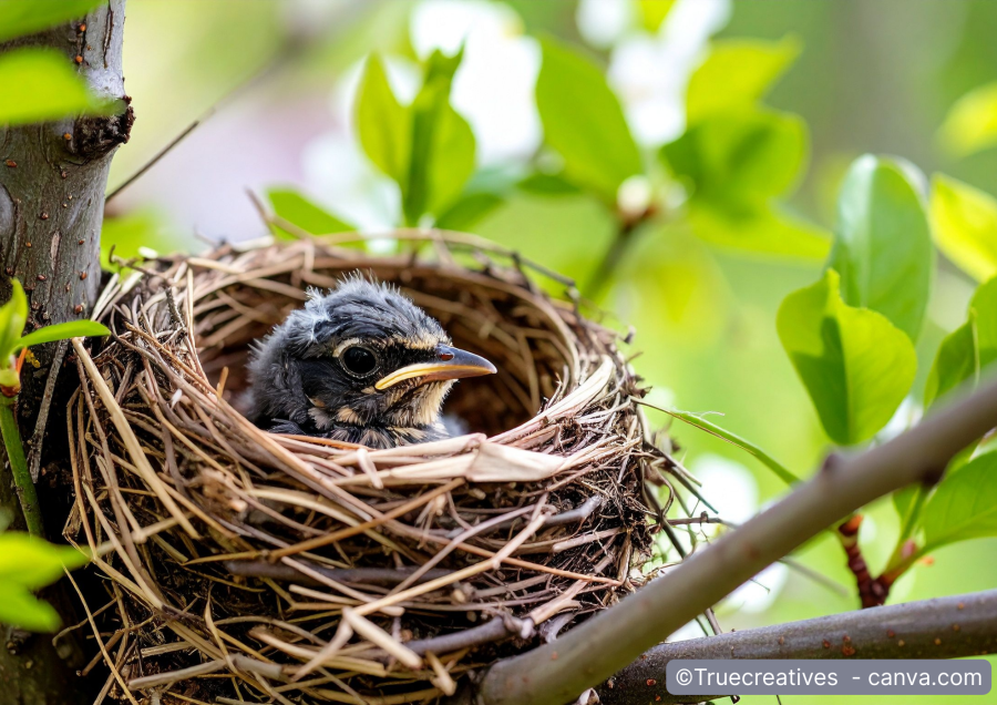 Vogelnest mit Brut in einer Hecke