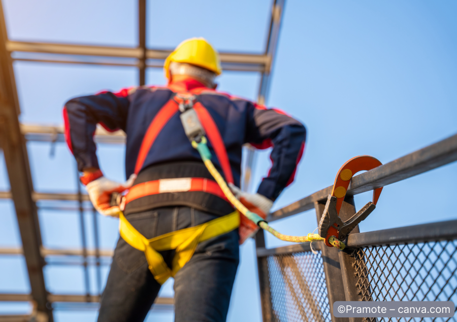 Solateur in Sicherheitsausruestung auf dem Geruest
