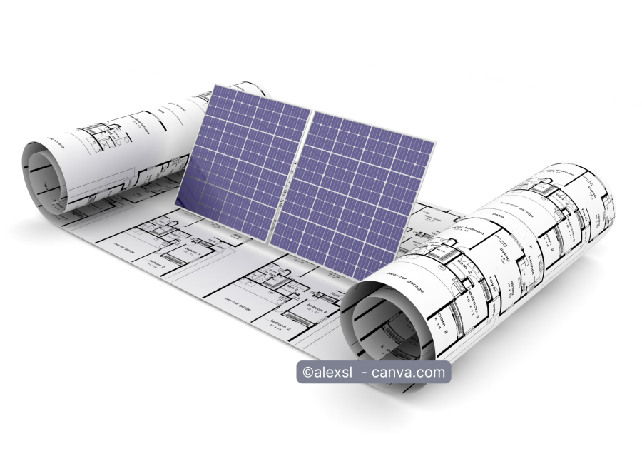 Solarmodul als Miniatur auf einem ausgerollten Plan