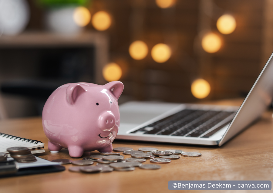 Rosa Sparschwein neben PC und Muenzen auf dem Schreibtisch