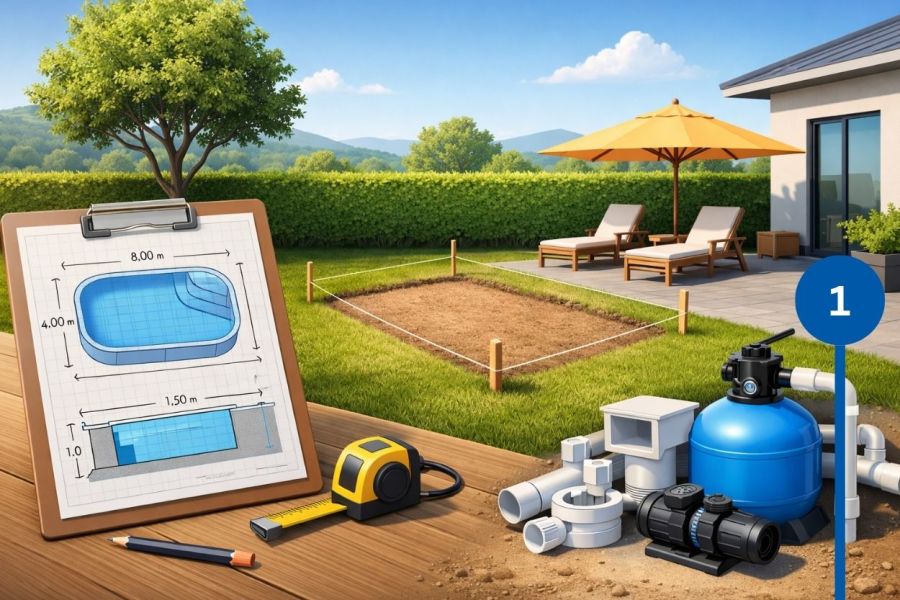 Planung eines Gartenpools mit Bauzeichnung, abgesteckter Baufläche, Massband und Pooltechnik