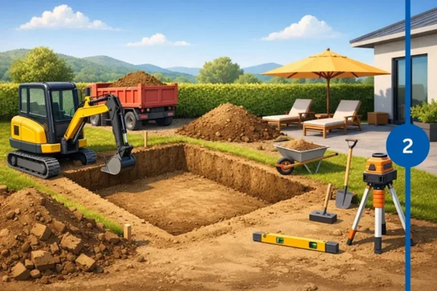 Aushub für einen Gartenpool mit Bagger, Baugrube, Schubkarre und Vermessungsgeräten auf dem Grundstück.