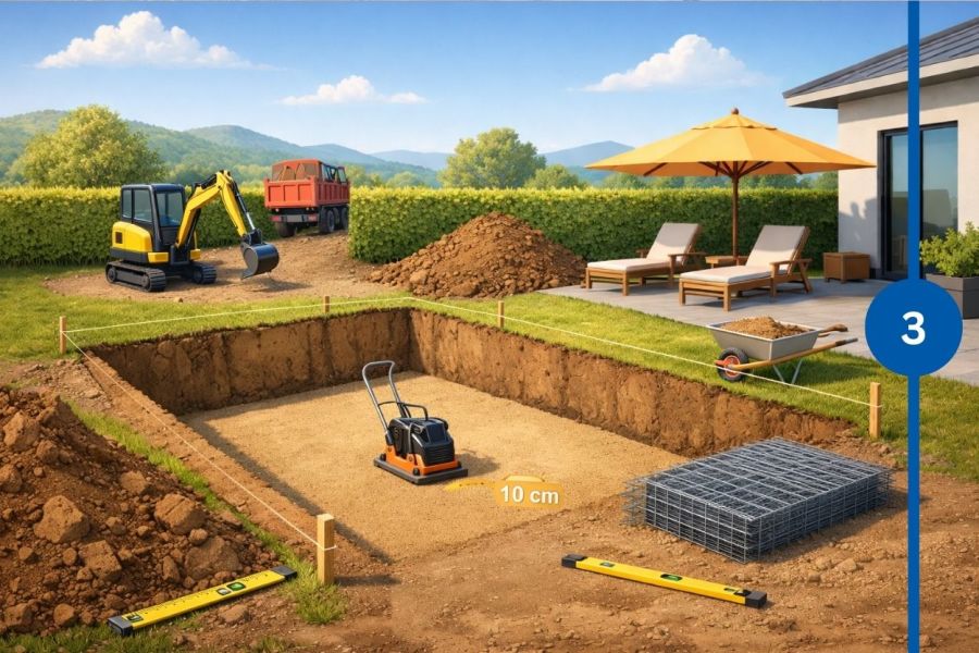 Vorbereitung des Poolfundaments mit verdichtetem Kiesbett, Baugrube und Rüttelplatte.