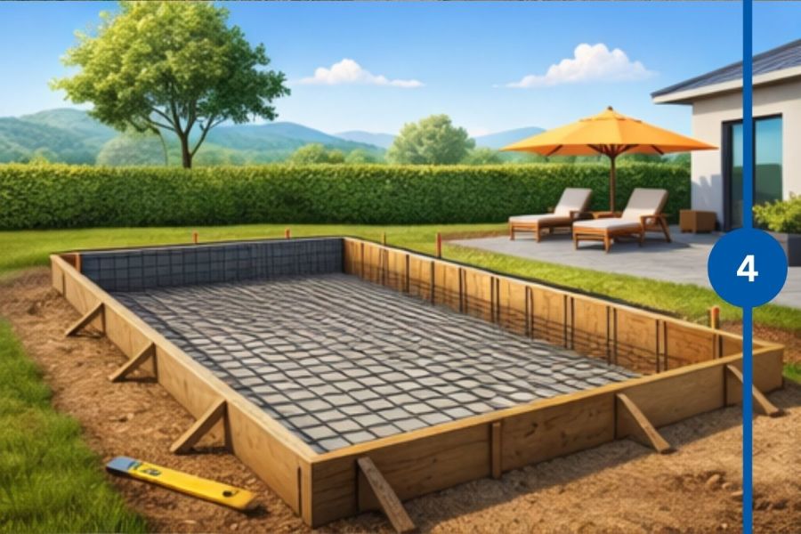 Verschalung und Bewehrung für die Betonbodenplatte eines Gartenpools vor dem Betonieren.