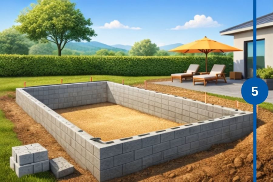 Gemauerte Poolwände aus Betonsteinen auf vorbereitetem Untergrund im Garten.