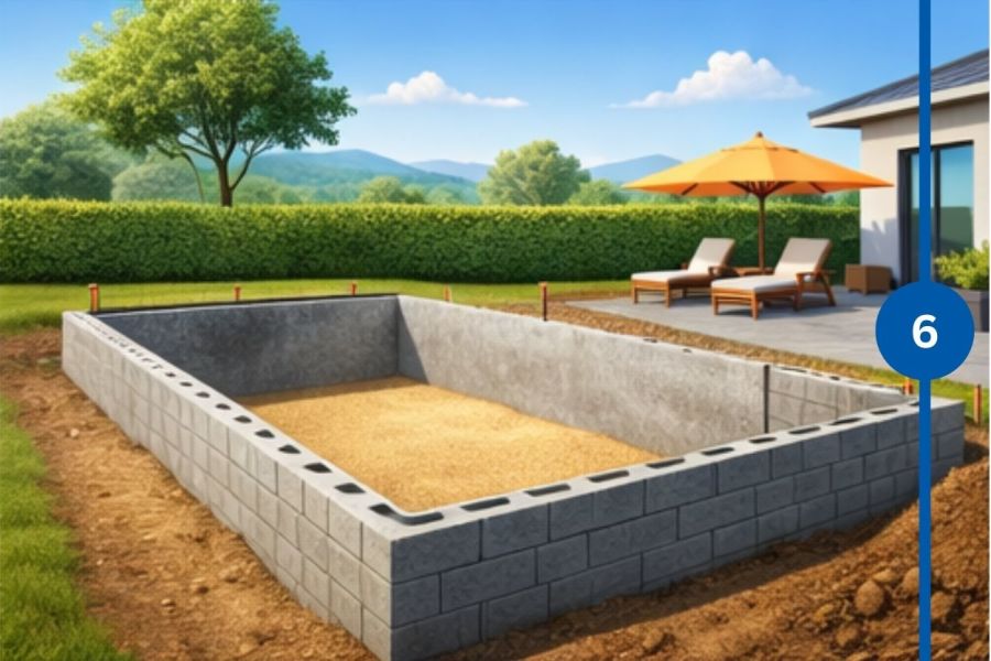 Verputzte und verstärkte Poolwände aus Betonsteinen in der Bauphase im Garten.