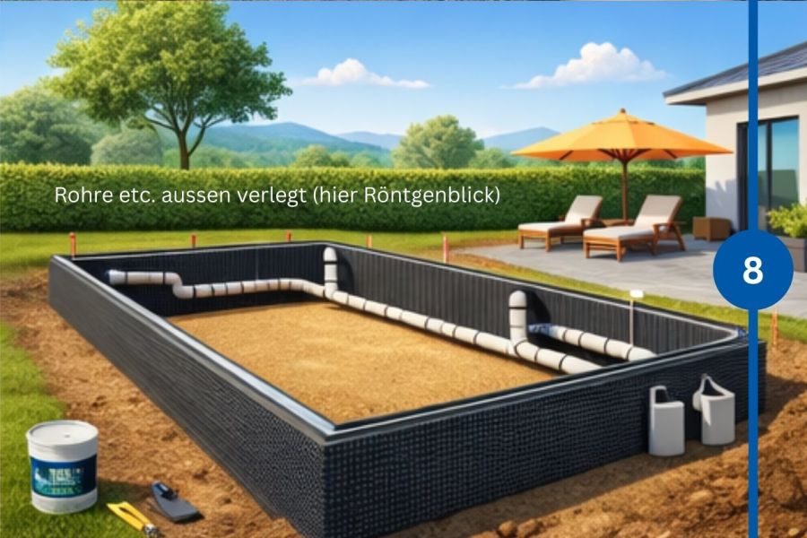 Verlegte Poolleitungen und Technikrohre rund um die Beckenaussenwände in der Bauphase.