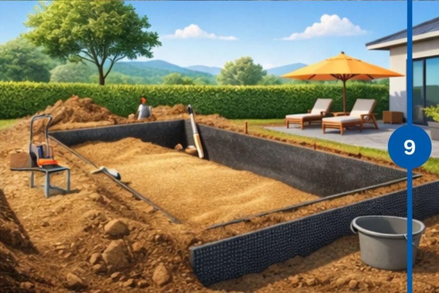 Verfüllung und Hinterfüllung der Poolaußenwände mit Erde in der Bauphase.