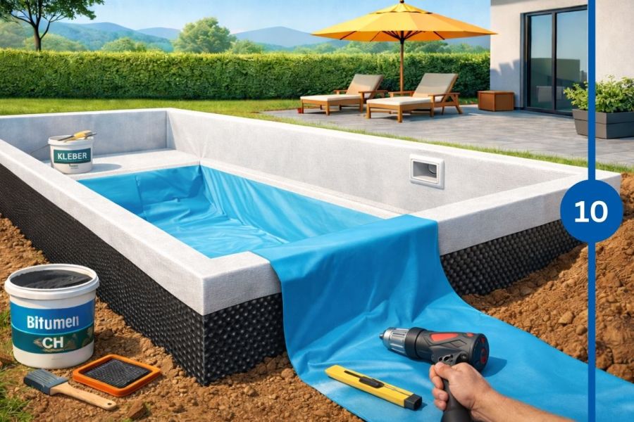 Einbau der Poolfolie mit Abdichtung und Verklebung der Innenflächen im letzten Bauabschnitt.