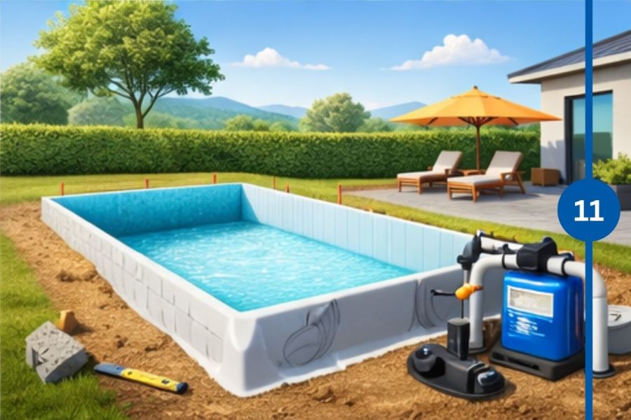 Fertig eingebauter Gartenpool mit Wasserbefüllung und angeschlossener Filteranlage im Aussenbereich.