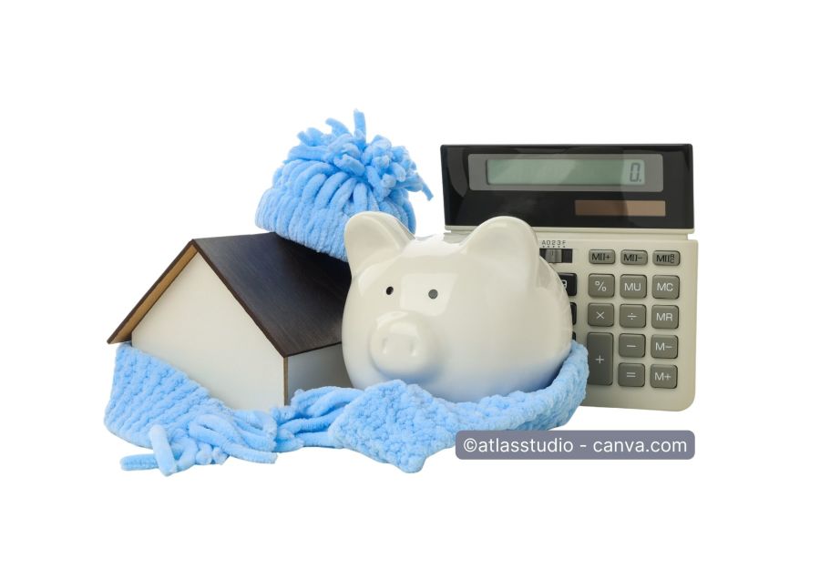 Sparschwein, Taschenrechner und Hausmodell mit Wollschal umwickelt
