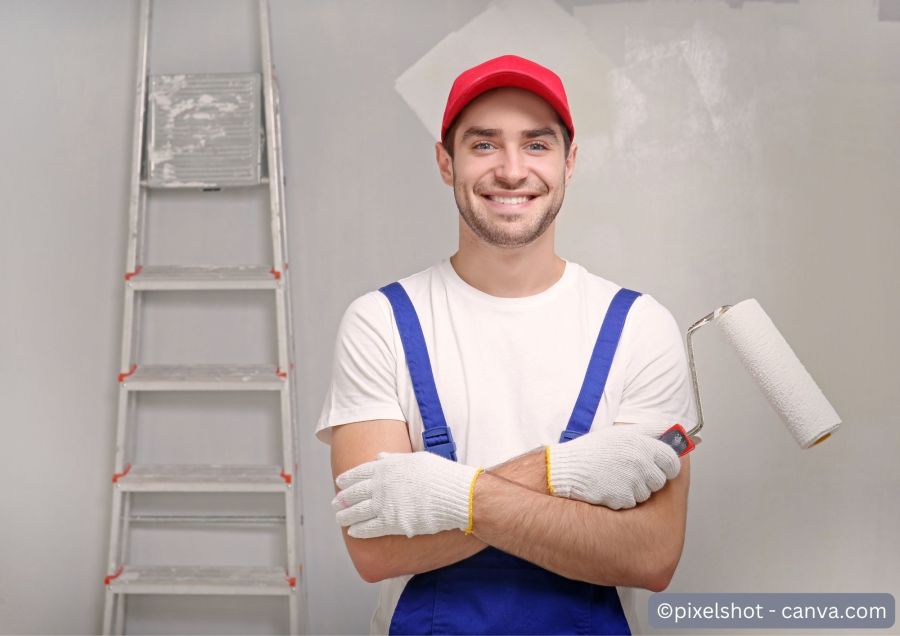 Maler mit Farbrolle in der Hand
