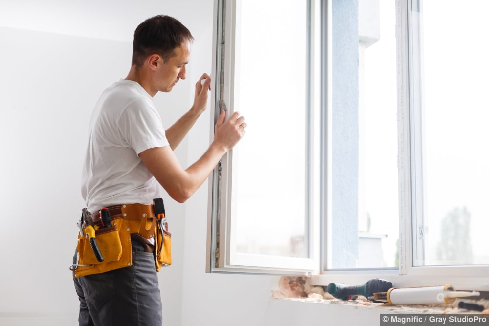 Ein Handwerker installiert ein neues Fenster in einem Gebäude, nachdem die 30 Jahre alten Fenster ersetzt wurden