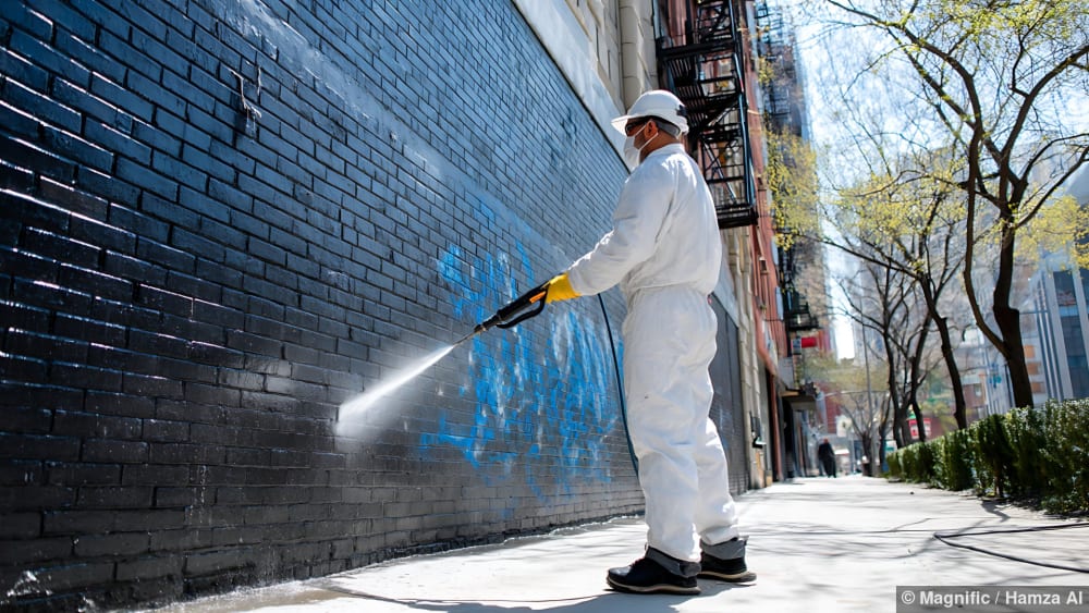 Arbeiter reinigt Graffiti von einer Backsteinwand in einer Stadtstrasse