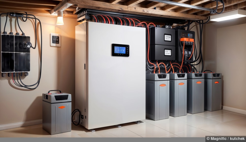 Heimbatterie-Energiespeicher im Keller eines Hauses mit ZEV