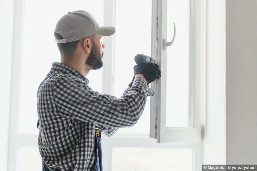 Ein Handwerker installiert ein Fenster mit einem Schraubenzieher