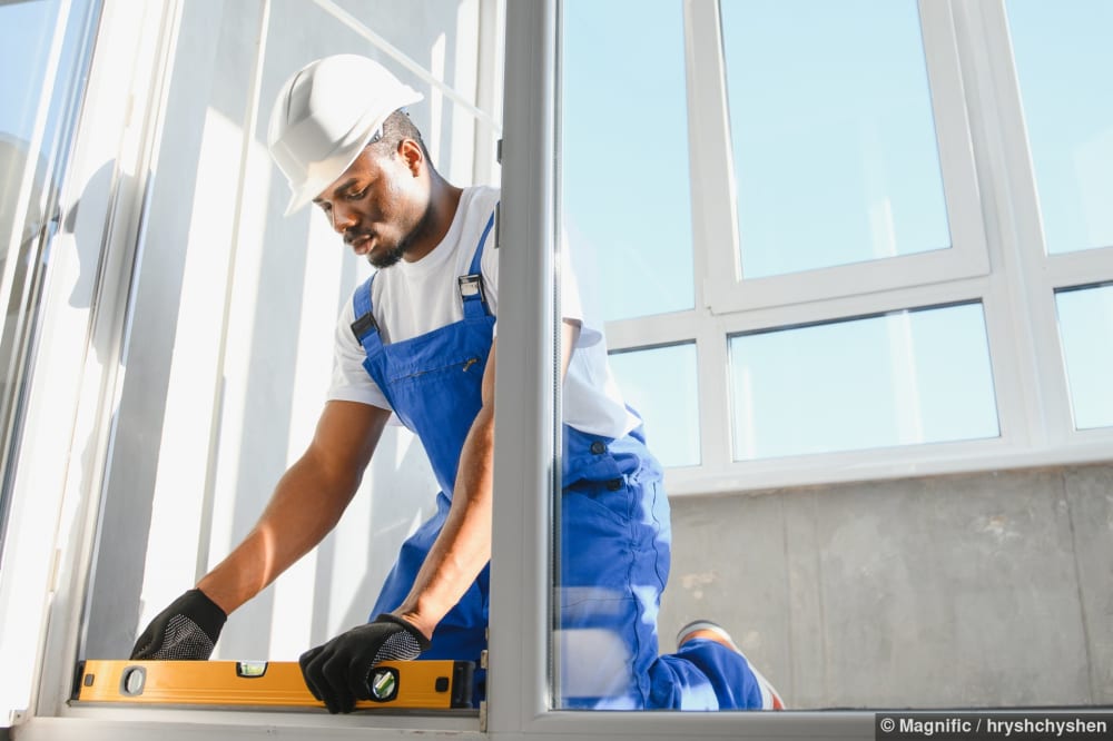 Ein Arbeiter montiert ein weisses Renovationsfenster am Haus