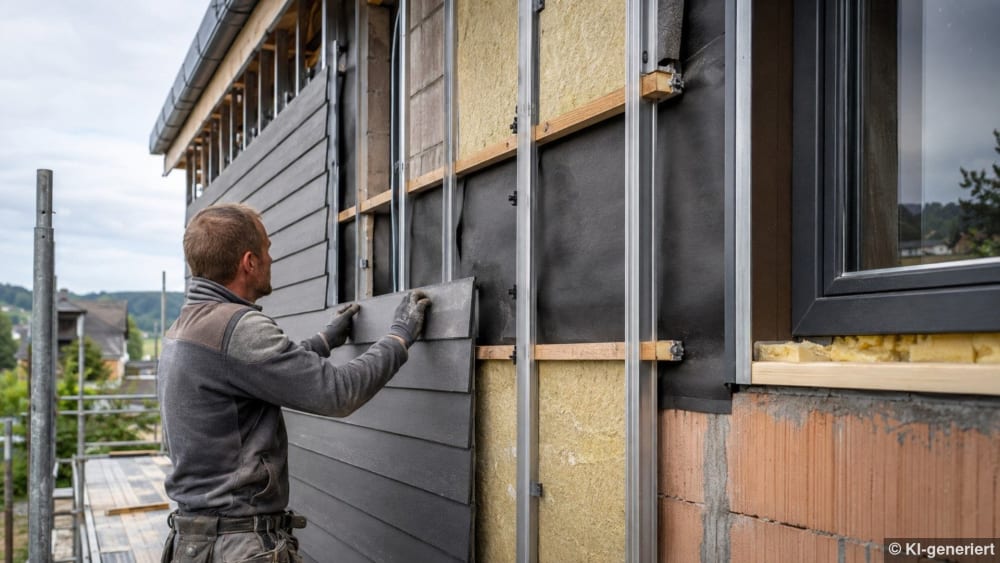 Detailansicht einer hinterlüfteten Fassade mit Dämmung, Luftspalt und Bekleidung