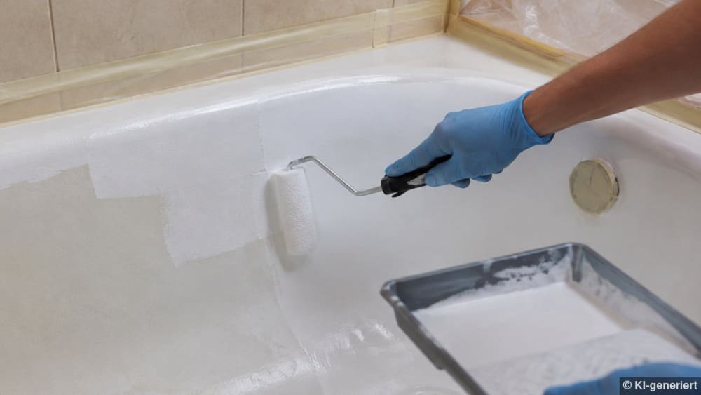 Eine Person beschichtet eine alte Badewanne neu mit weissem Material