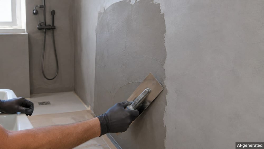 Fugenloses Bad: Badezimmerwand mit grauem Mikrozement verkleidet