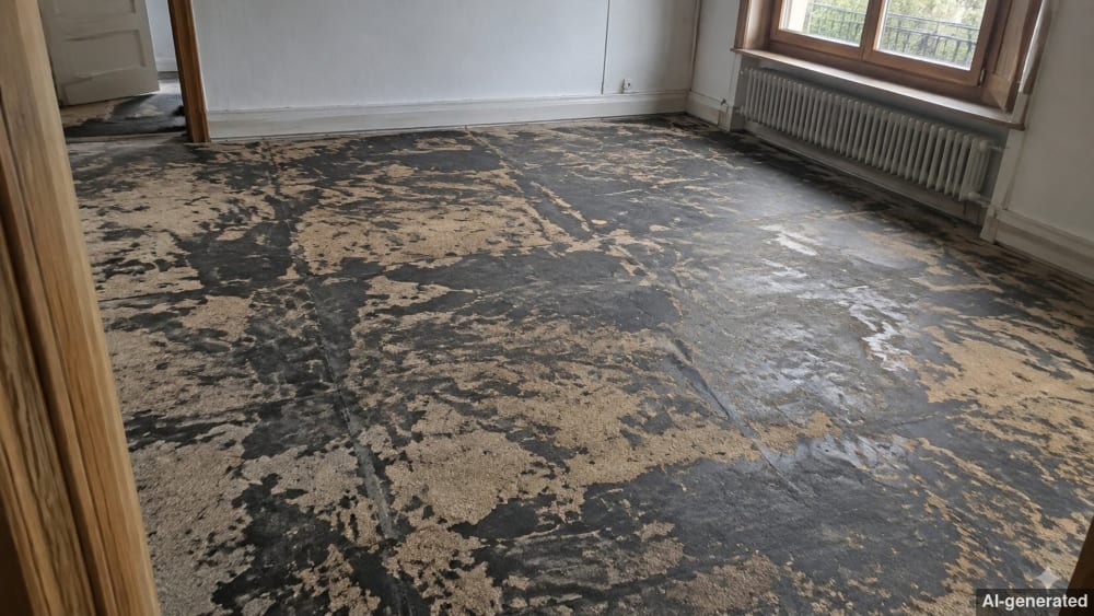 Ein Handwerker entfernt schwarzen Bitumenkleber von einer Wand in einem Altbau